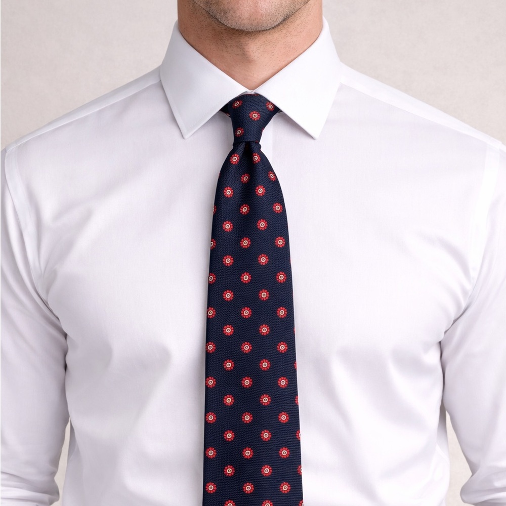 Brooks Brothers Navy Silk Tie with Red Floral Pattern 61x3.75 Made in USA